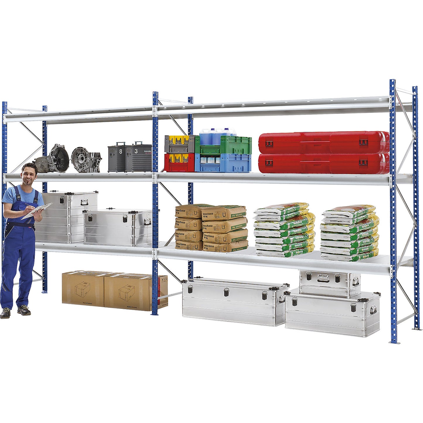 Heavy duty wide span shelving with steel shelf panels, frame colour blue, HxWxD 1996 x 2410 x 600 mm, standard shelf unit.