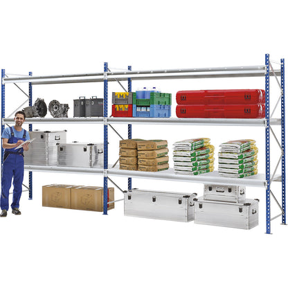 Heavy duty wide span shelving with moulded chipboard shelf panels, frame colour blue, HxWxD 2996 x 2410 x 1000 mm, standard shelf unit.