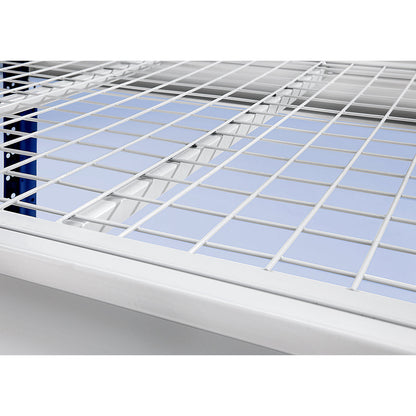 Heavy duty wide span shelving with mesh panel modules, frame colour blue, HxWxD 1996 x 2860 x 1000 mm, standard shelf unit.