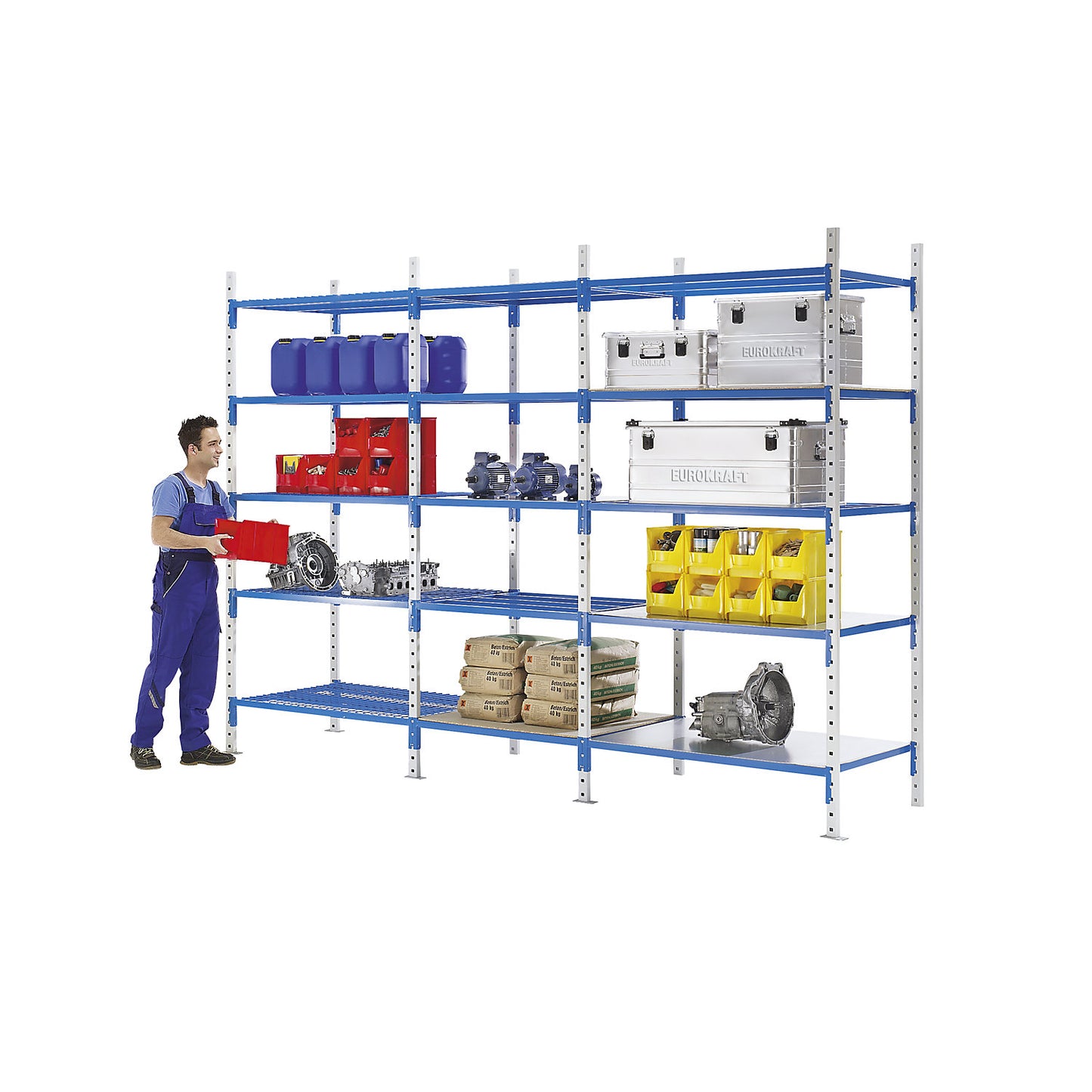 Tubular boltless shelving unit, shelf unit height 2496 mm, shelf width 960 mm, extension shelf unit, shelf width 995 mm.