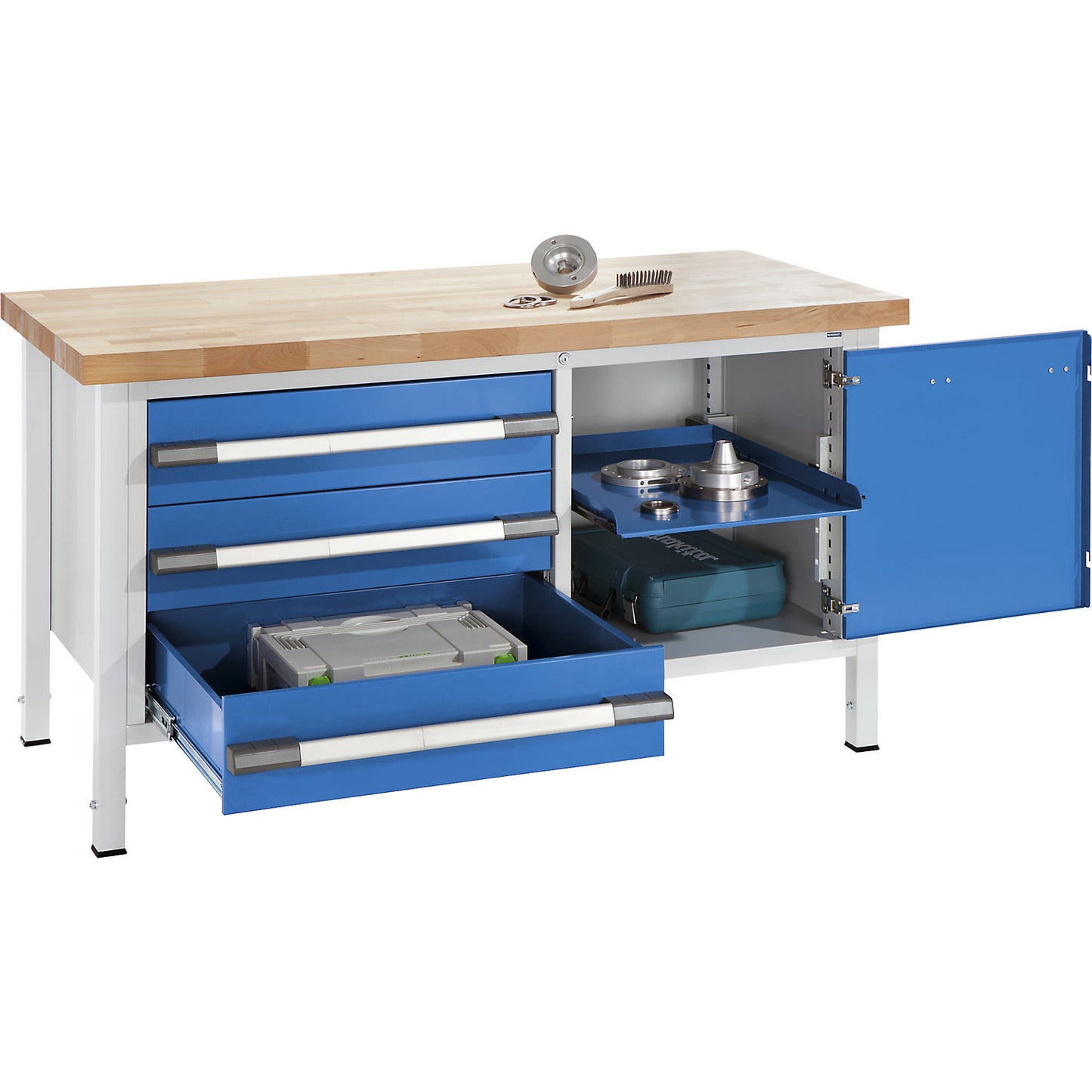 Height-adjustable workbench, frame construction, width 1500 mm, 3 x 180 mm drawers, 1 door, grey / blue.