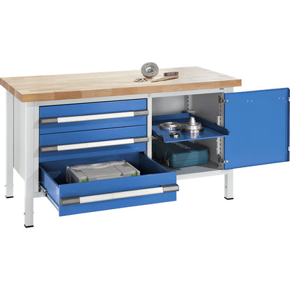Height-adjustable workbench, frame construction, width 1500 mm, 3 x 180 mm drawers, 1 door, grey.