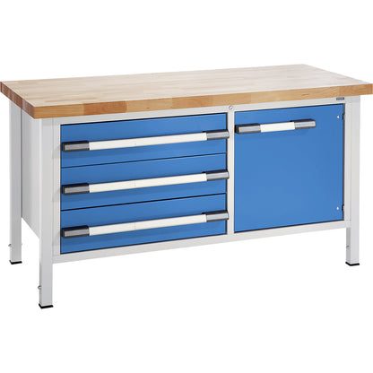 Height-adjustable workbench, frame construction, width 1500 mm, 3 x 180 mm drawers, 1 door, grey / blue.
