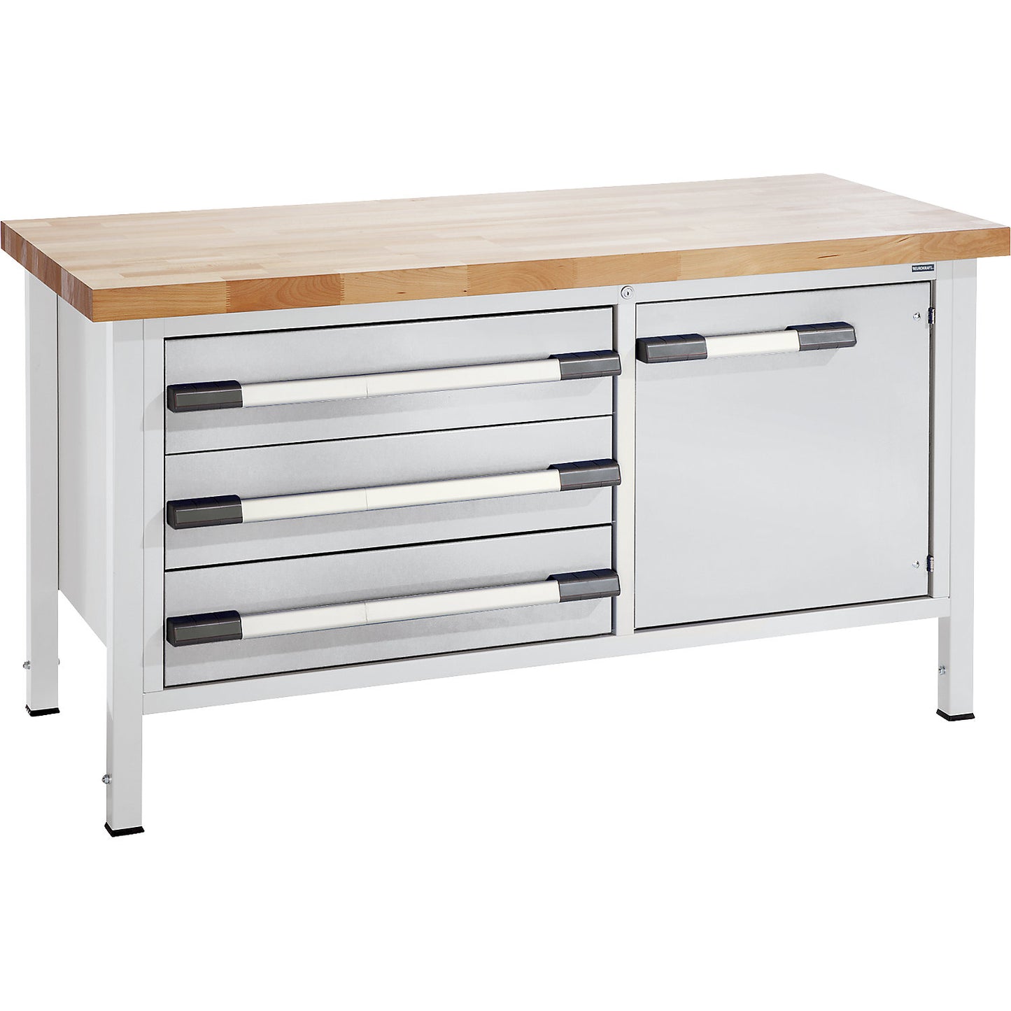 Height-adjustable workbench, frame construction, width 1500 mm, 3 x 180 mm drawers, 1 door, grey.