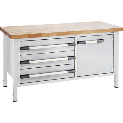 Height-adjustable workbench, frame construction, width 1500 mm, 3 x 180 mm drawers, 1 door, grey.