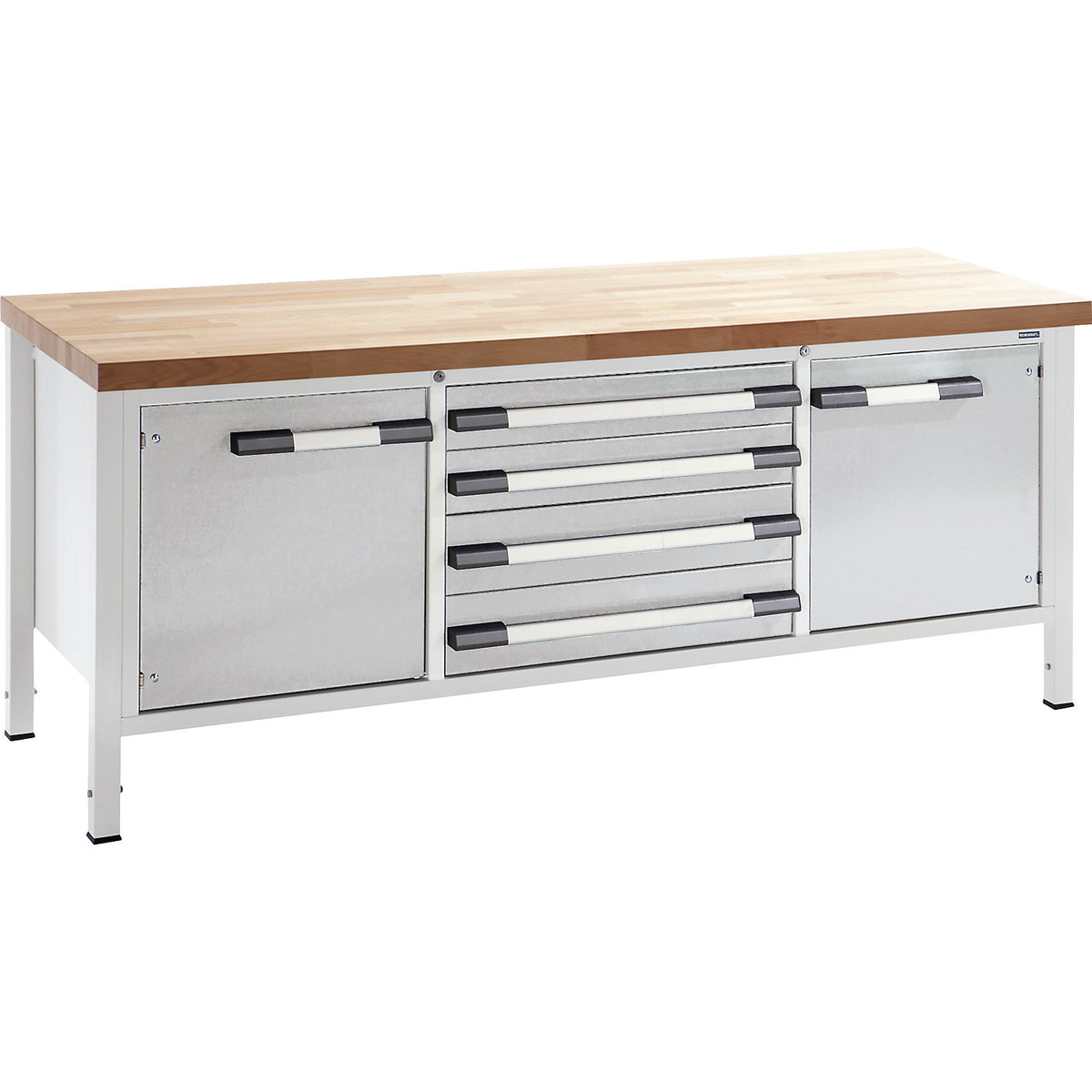 Height-adjustable workbench, frame construction, width 2000 mm, 4 drawers, 2 doors, grey.