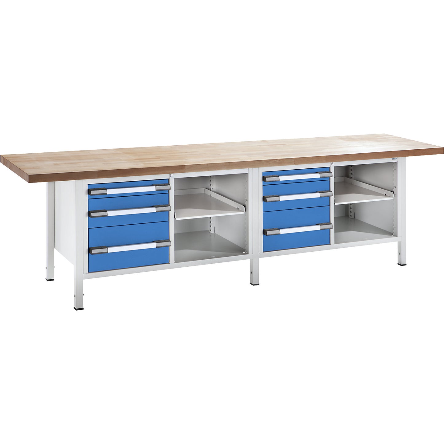 Height-adjustable workbench, frame construction, width 3000 mm, 6 drawers, grey / blue.