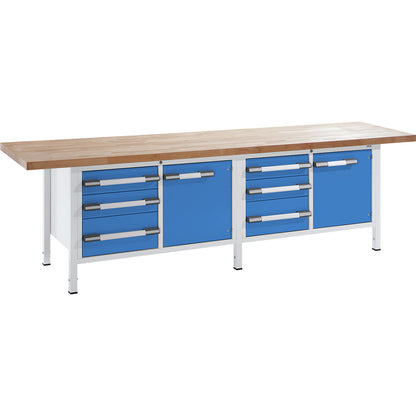 Height-adjustable workbench, frame construction, width 3000 mm, 6 drawers, 2 doors, grey / blue.