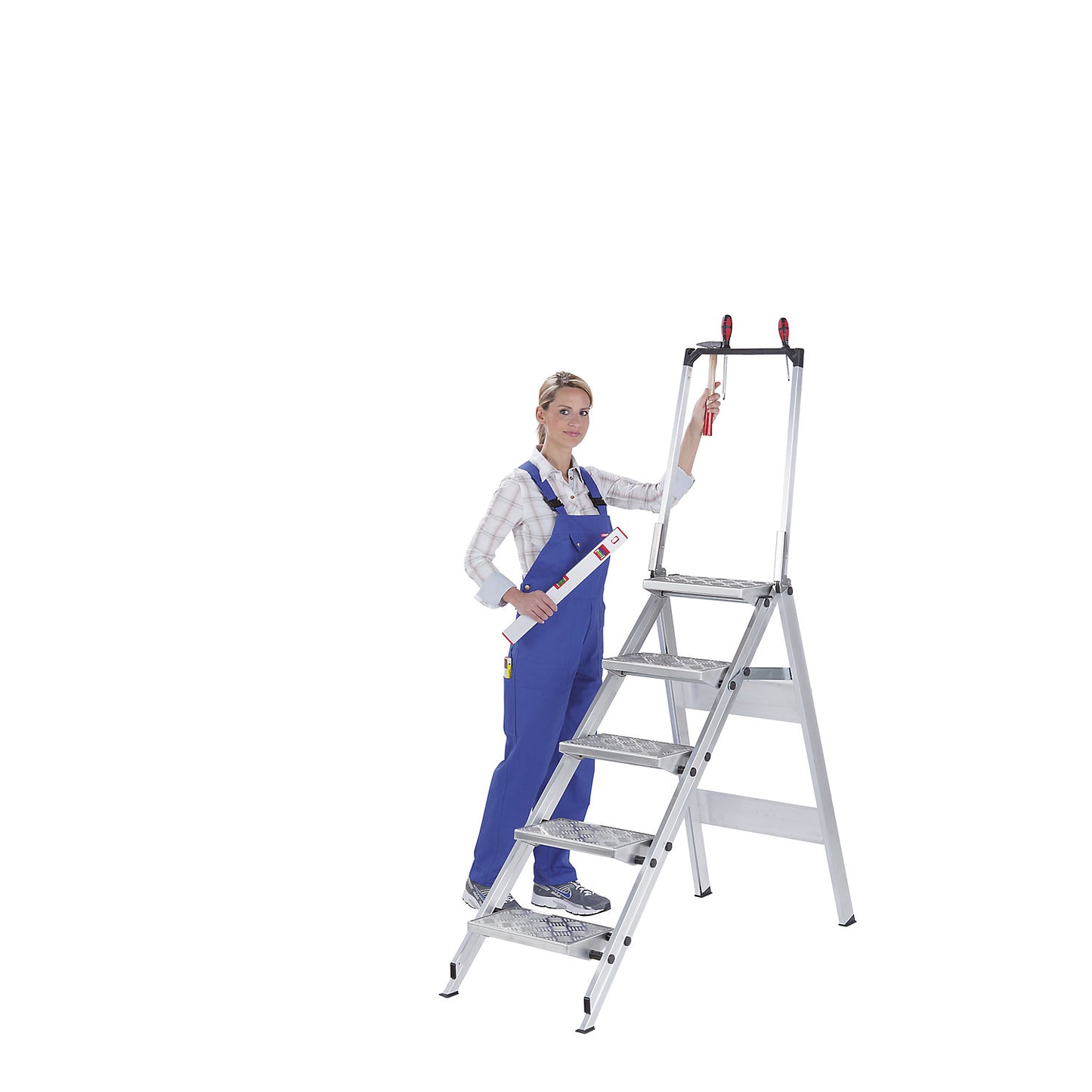 Aluminium folding steps, ribbed aluminium steps, with safety rail, 3 steps.