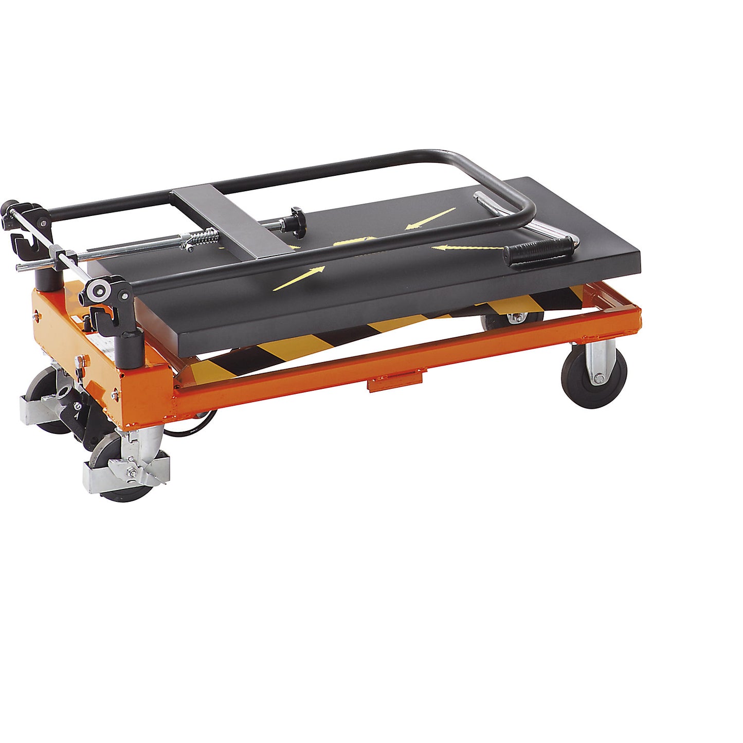 Scissor lift platform truck, max. load 150 kg, lift per pedal stroke 40 mm.