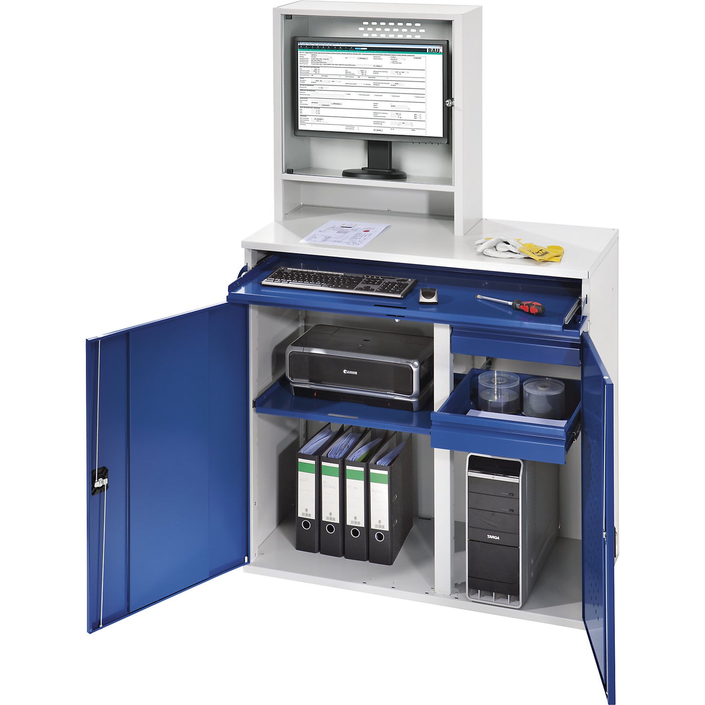 Computer workstation, monitor housing, 1 pull-out shelf, 2 drawers, width 1100 mm, light grey / gentian blue.