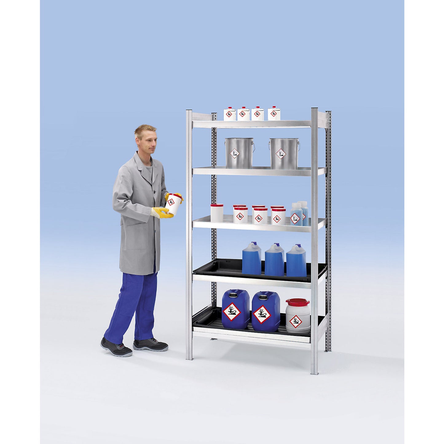 Hazardous goods shelving for small containers, for water hazardous media, 4 tray shelves, shelf width 1300 mm, standard shelf unit.