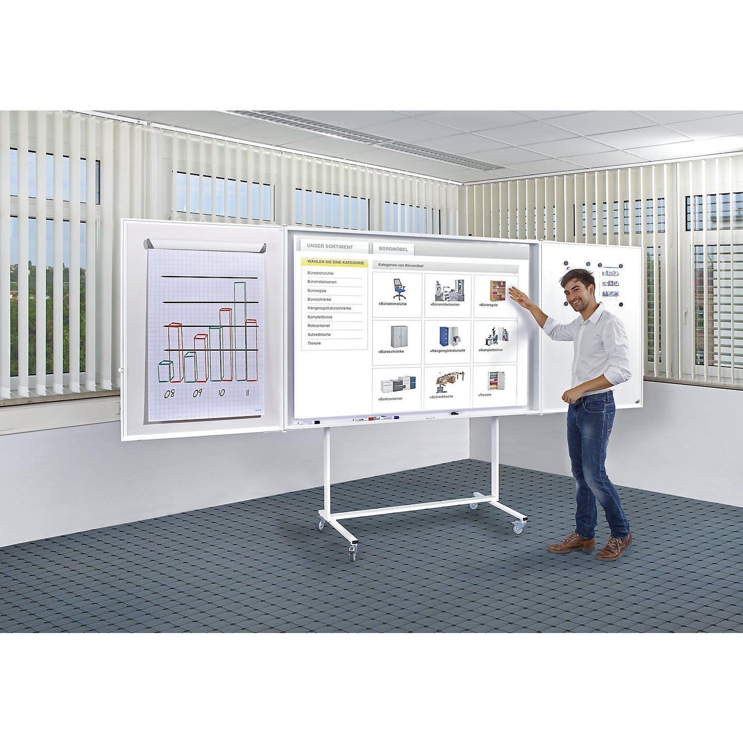 Folding whiteboard, complete set, sheet steel, enamel, 16:10 projection format.