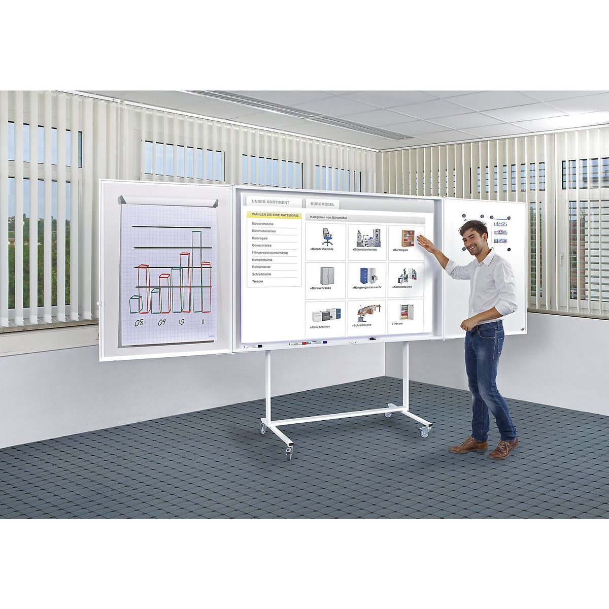 Folding whiteboard, complete set, sheet steel, enamel, 4:3 projection format.
