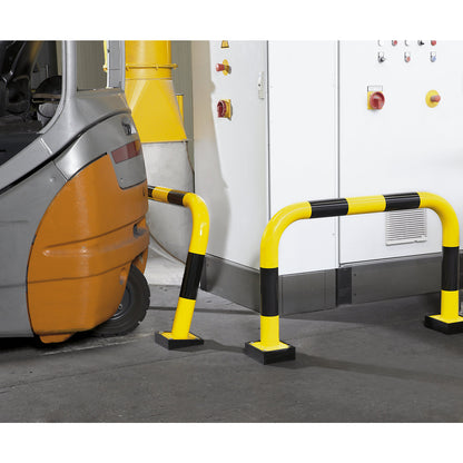 Impact protection guard, steel, Ø 76 mm, with spring element, for outdoor use, HxW 640 x 1000 mm.