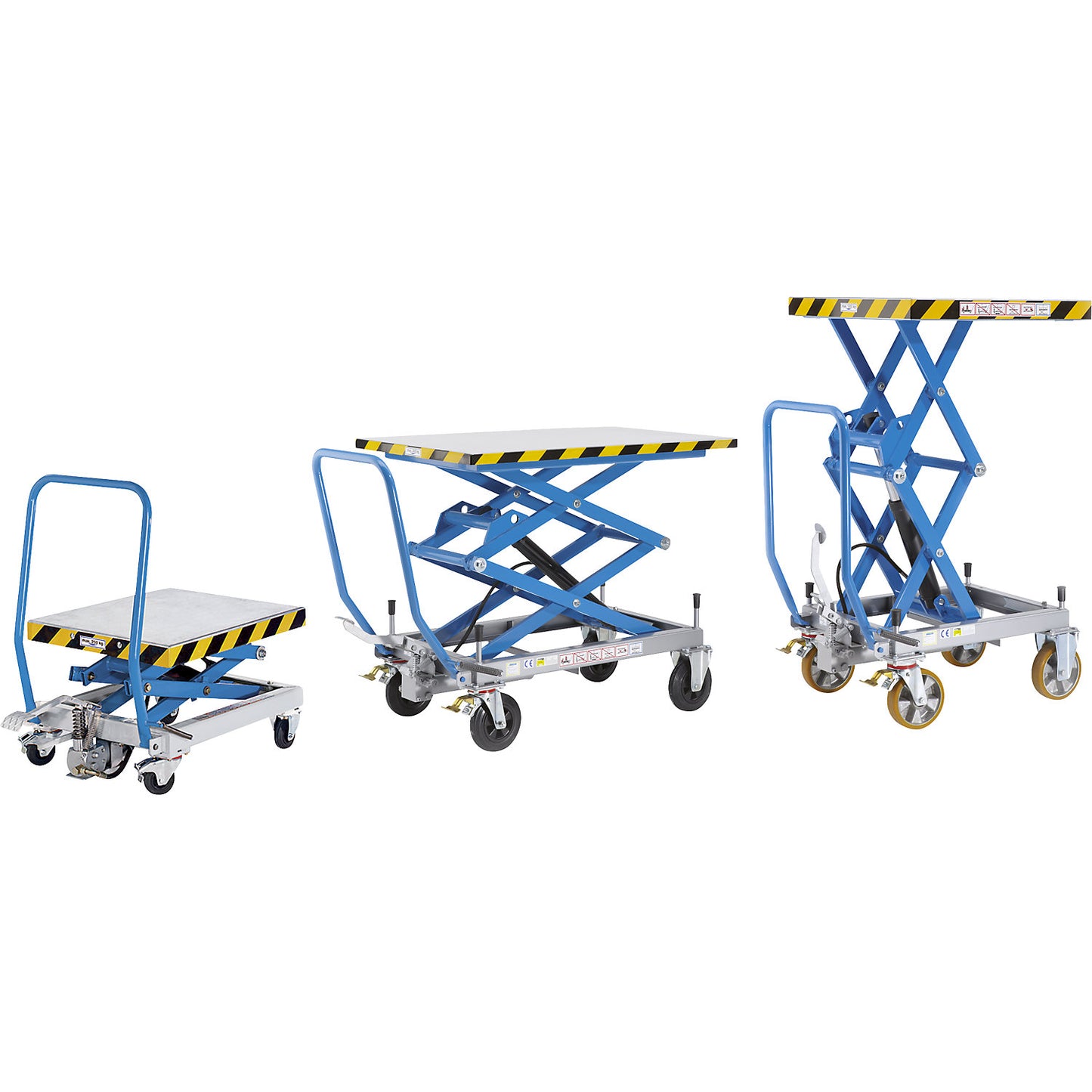 Double scissor lifting platform truck, max. load 500 kg, lifting range 380 - 1315 mm, nylon tyres.
