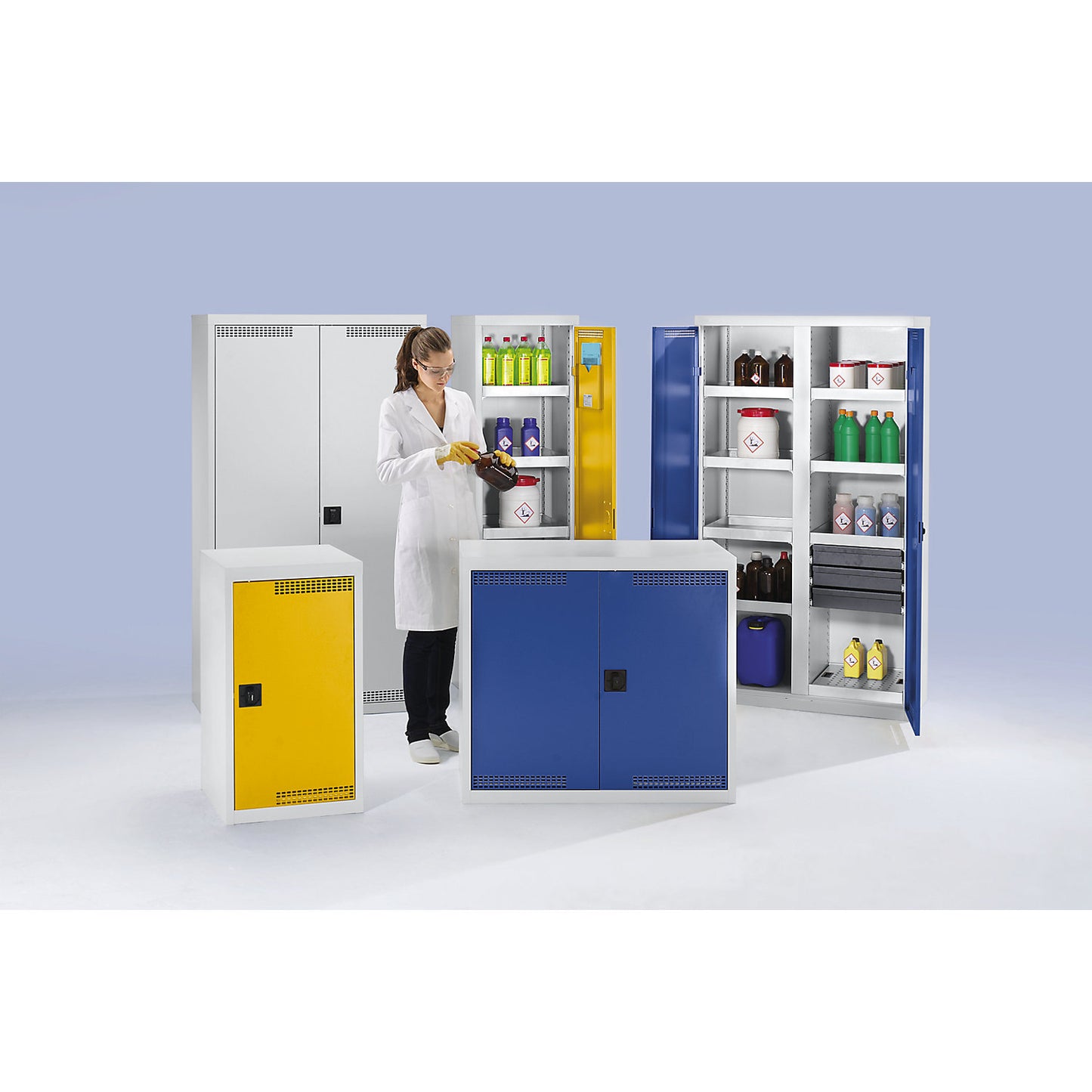 Environmental cupboard with door perforations, HxWxD 900 x 500 x 500 mm, 2 tray shelves, light grey / gentian blue.