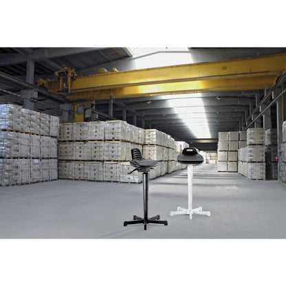 Anti-fatigue stool, with integrated handle, black frame.