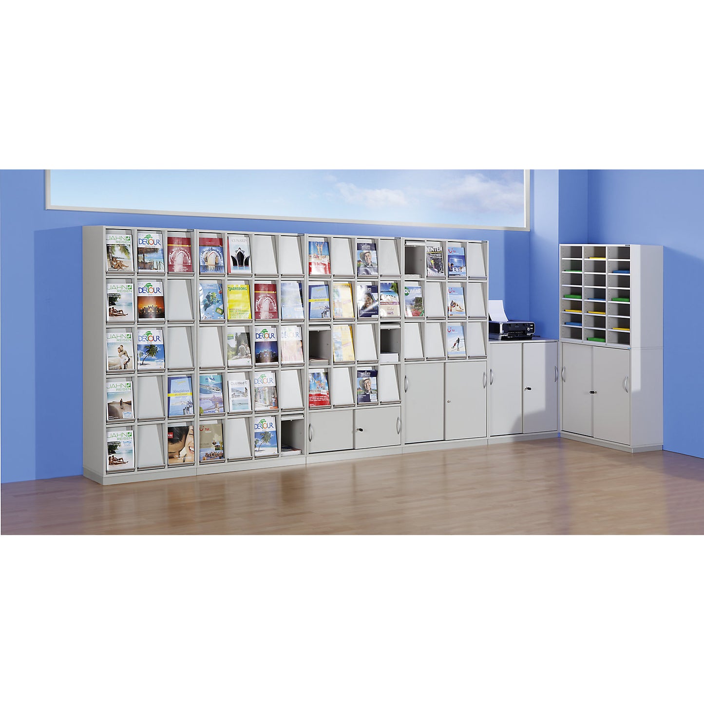 Brochure cupboard, with 12 flaps and sliding door cupboard, HxWxD 1864 x 1000 x 420 mm.