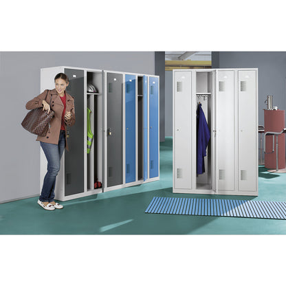 Amsterdam locker, 3 compartments, light grey / light blue, width 1200 mm, cylinder lock.