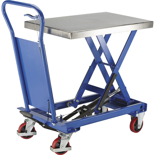 Standard lifting platform trolley, stainless steel platform truck, max. load 750 kg.