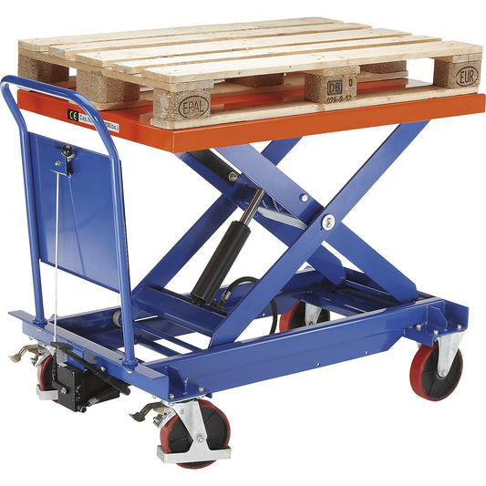 Standard lifting platform trolley, max. load 1000 kg, lifting range 425 - 1225 mm.