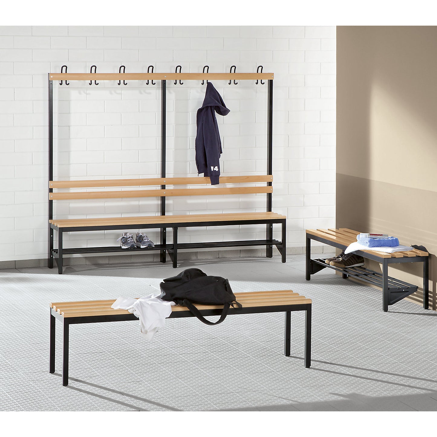 Changing room bench with back rest, single sided, beech wood slats, length 1500 mm.