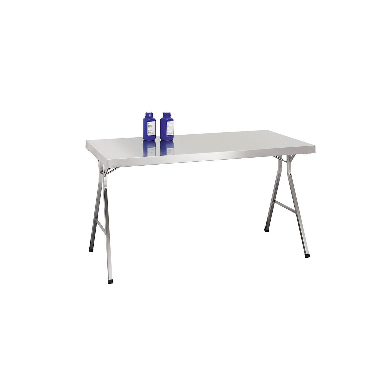 Stainless steel folding table, height 850 mm, WxD 1400 x 700 mm.