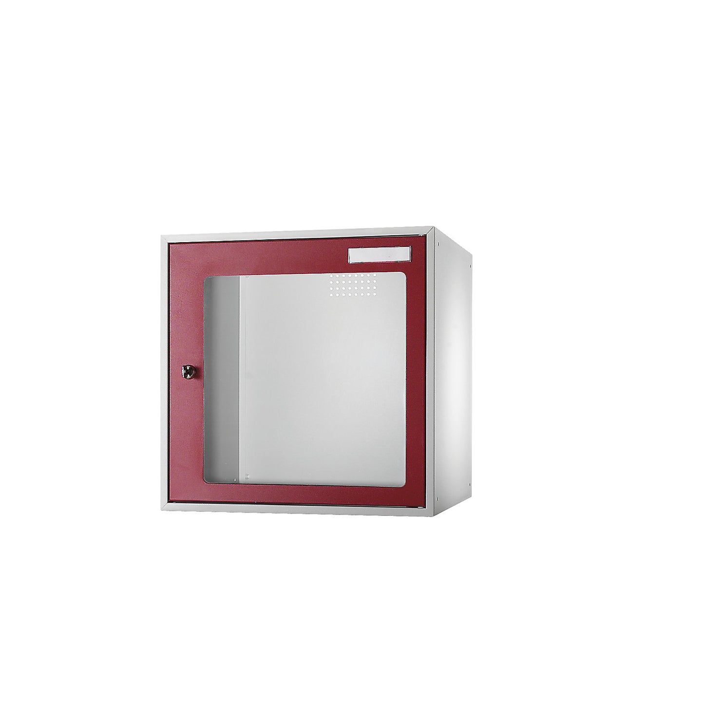 Cube locker, HxWxD 450 x 450 x 450 mm, vision panel door, light grey / flame red.