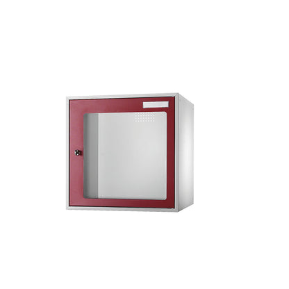 Cube locker, HxWxD 450 x 450 x 450 mm, vision panel door, light grey / flame red.