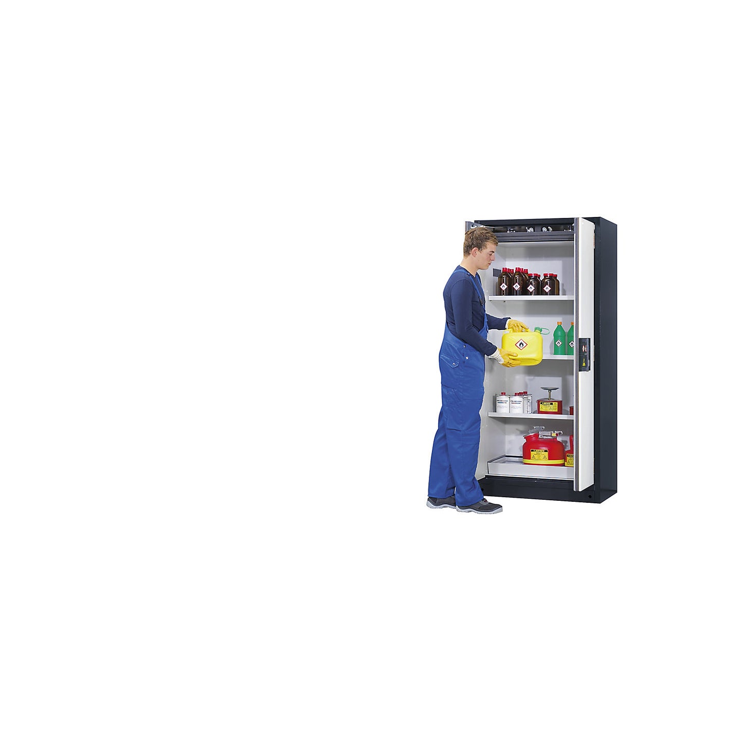 Fire resistant industrial hazardous goods cupboard, type 90, HxWxD 1955 x 900 x 615 mm, 2 door, light grey.