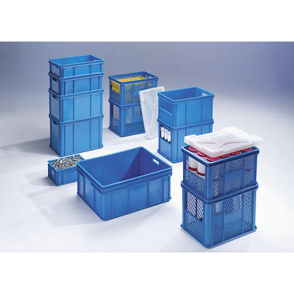 Stacking and transport container, perforated walls, base, opening on the end, capacity 60 l, pack of 4.