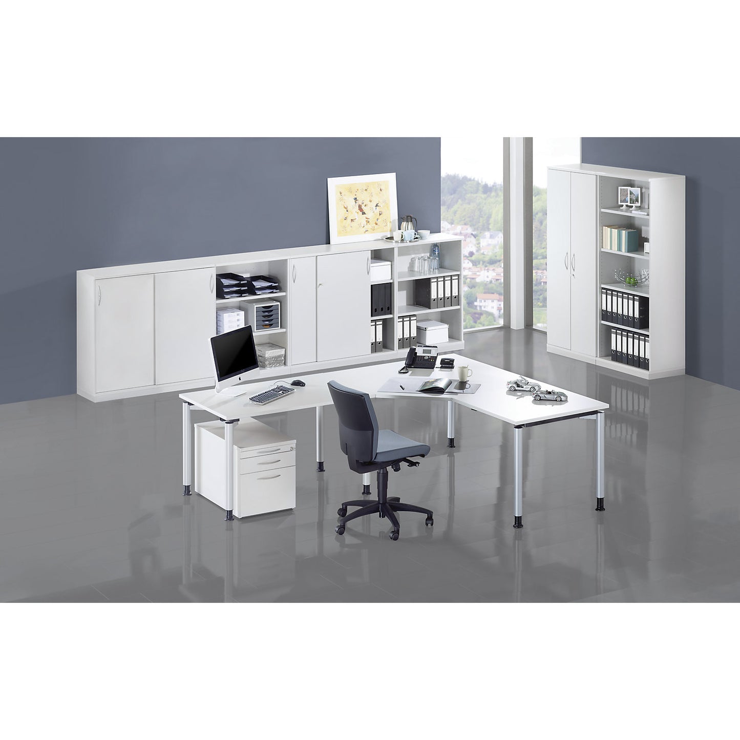 THEA - Mobile pedestal, utensil drawer, 3 drawers, light grey.