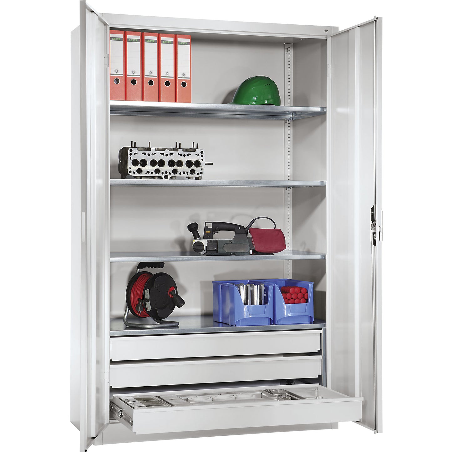 Large cupboard, extra high, HxW 1950 x 1200 mm, depth 600 mm, light grey doors.