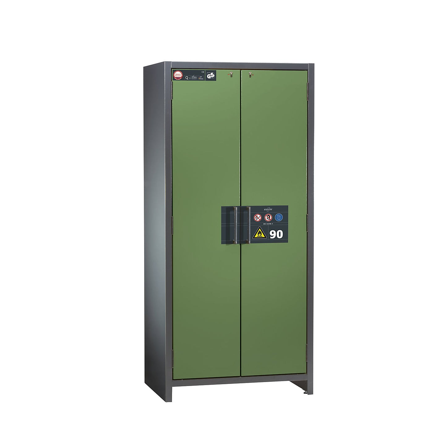 Fire resistant industrial hazardous goods cupboard, type 90, HxWxD 1955 x 900 x 615 mm, 2 door, reseda green.
