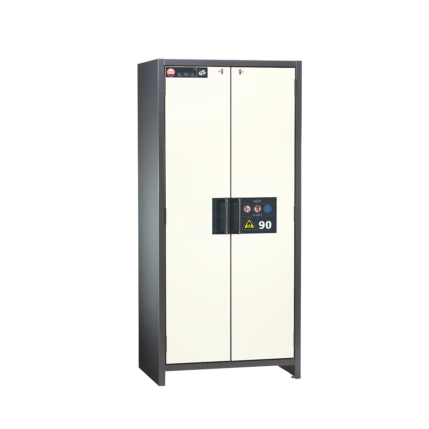 Fire resistant industrial hazardous goods cupboard, type 90, HxWxD 1955 x 900 x 615 mm, 2 door, pure white.