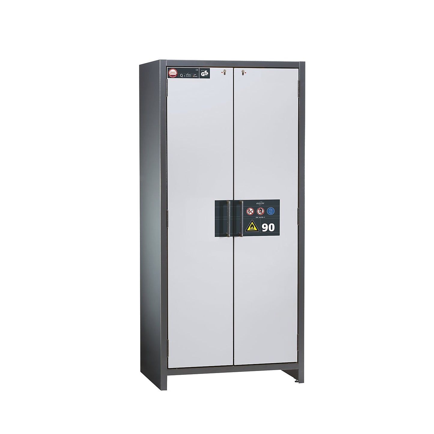Fire resistant industrial hazardous goods cupboard, type 90, HxWxD 1955 x 900 x 615 mm, 2 door, white aluminium.