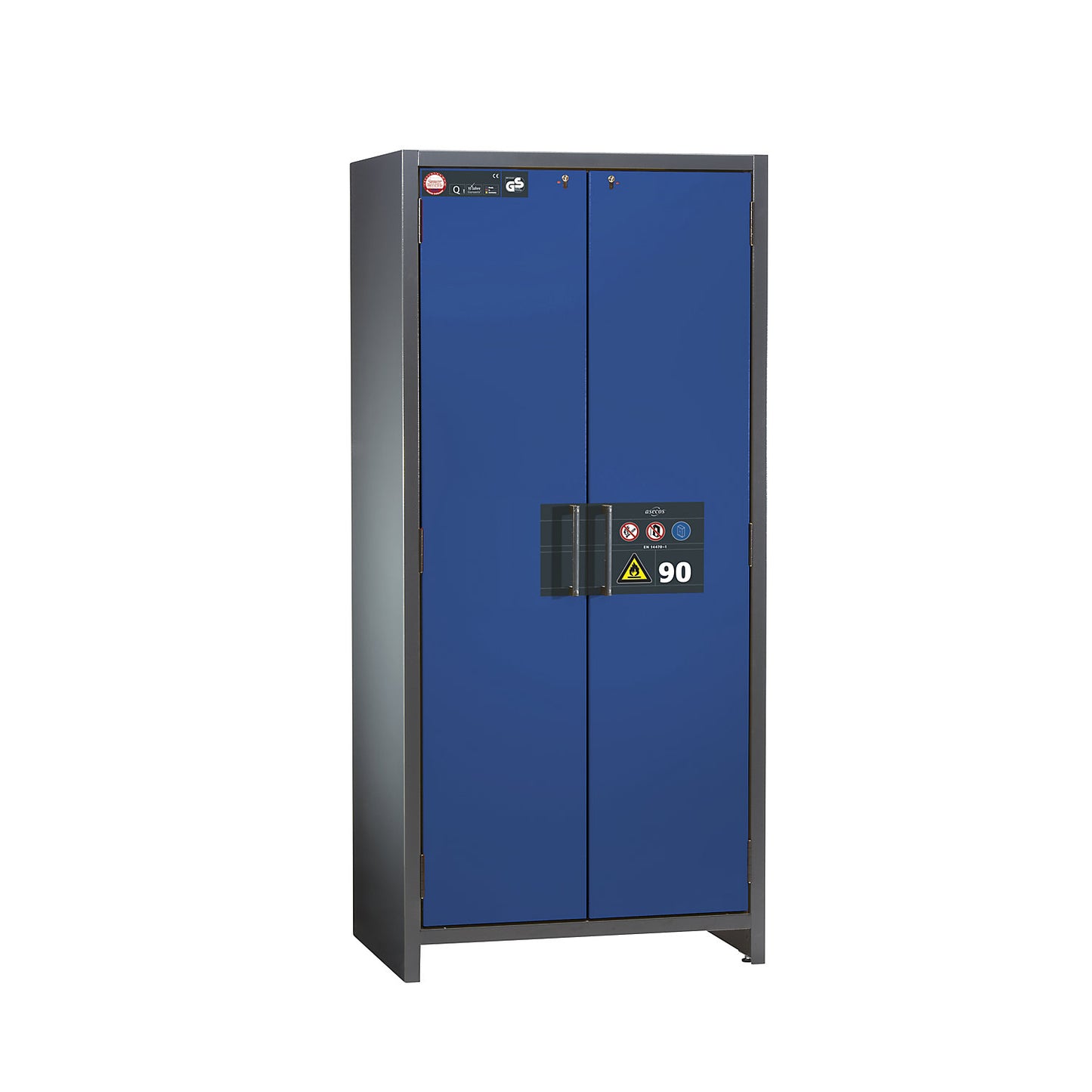 Fire resistant industrial hazardous goods cupboard, type 90, HxWxD 1955 x 900 x 615 mm, 2 door, gentian blue.