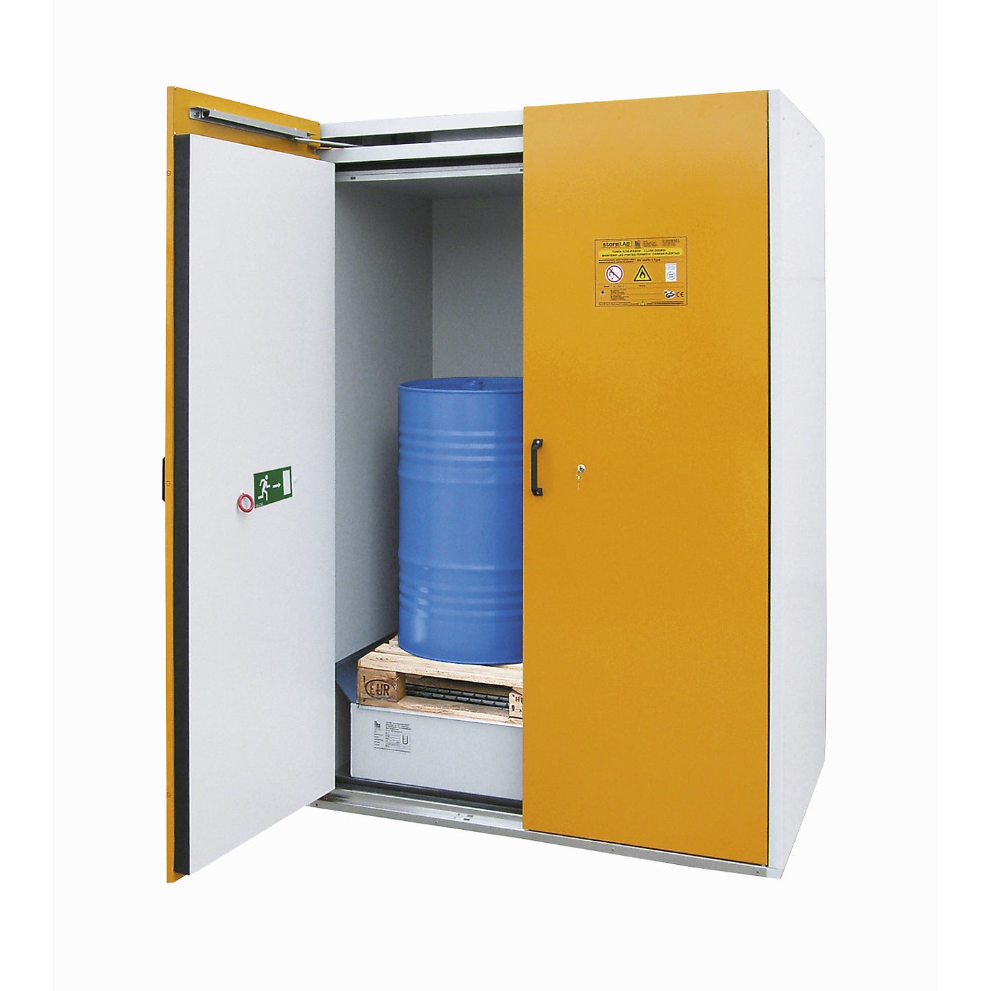 Type 90 drum cupboard, fire resistant, 2 x 200 l drums, integrated sump tray, HxWxD 2200 x 1550 x 1025 mm.