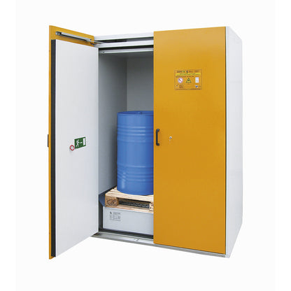 Type 90 drum cupboard, fire resistant, 2 x 200 l drums, integrated sump tray, HxWxD 2200 x 1550 x 1025 mm.