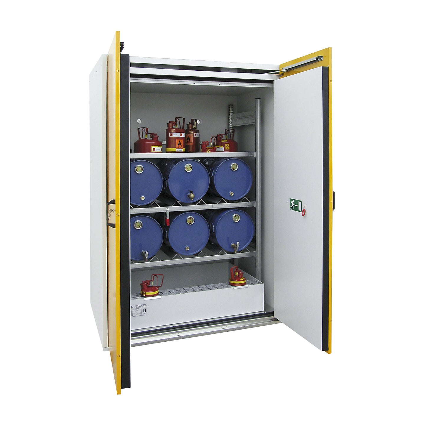 Type 90 drum cupboard, fire resistant, 6 x 60 l drums, horizontal, HxWxD 2200 x 1550 x 1025 mm.