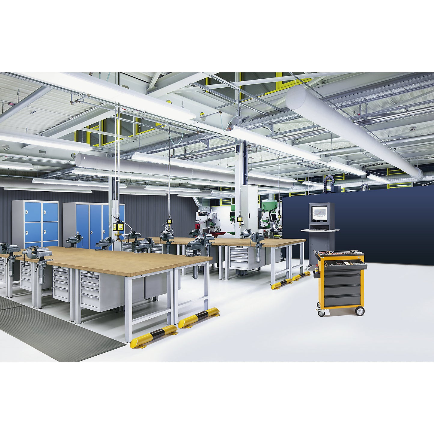 Modular workbench system, tressle legs, height adjustable from 700 - 1050 mm, in 25 mm increments.