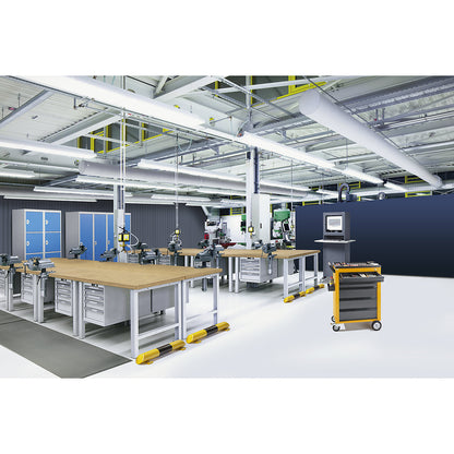Modular workbench system, tressle legs, height adjustable from 700 - 1050 mm, in 25 mm increments.