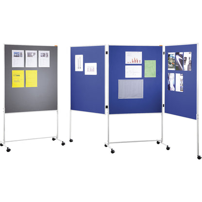 Pinboard, mobile, fabric cover, blue, HxWxD 1800 x 2800 x 500 mm, three-part.