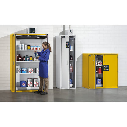 Fire resistant hazardous goods storage cupboard, type 90, 2 doors, external HxWxD 1968 x 900 x 615 mm, yellow, stainless steel.