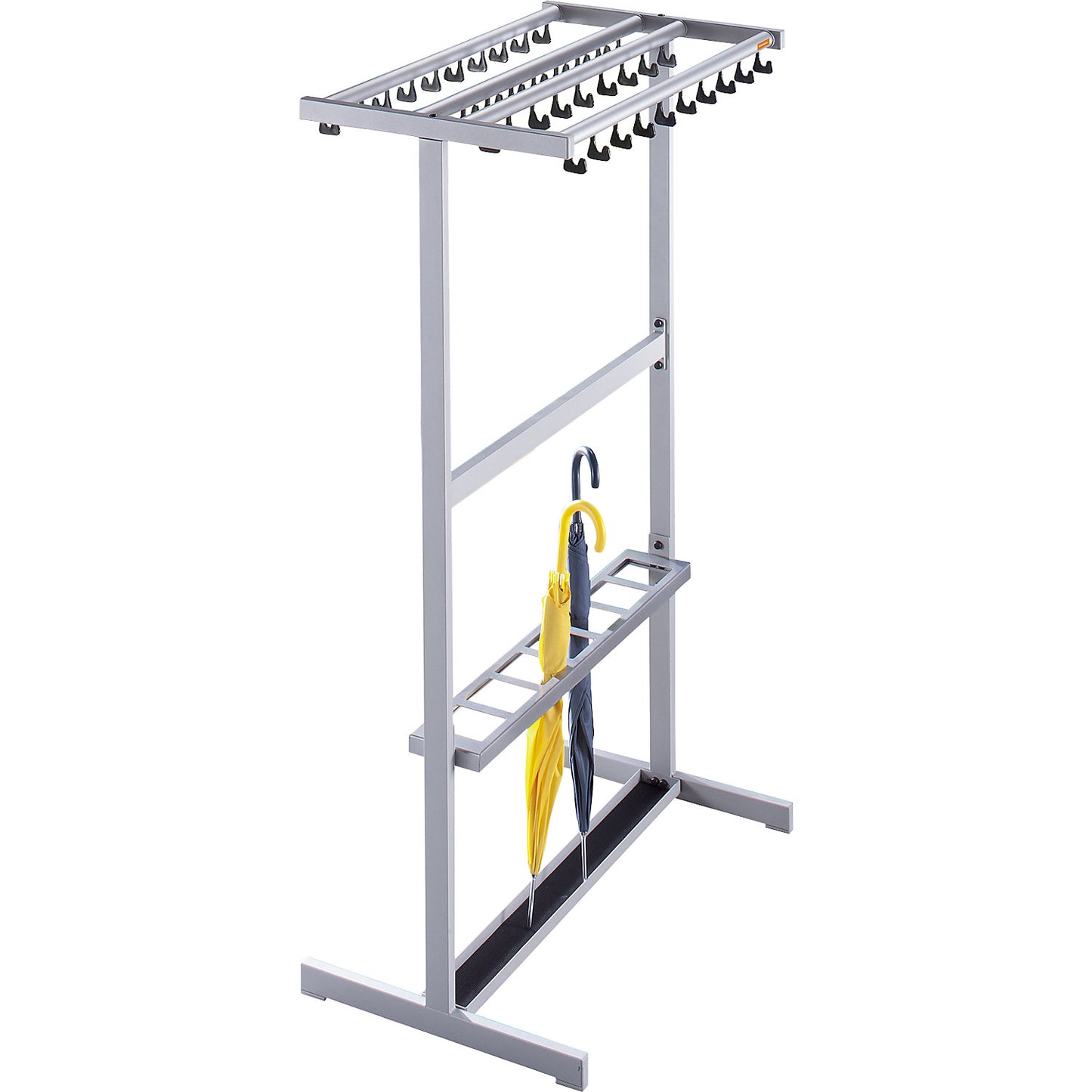 Double sided coat rail, with coat hangers, black, with umbrella holder.