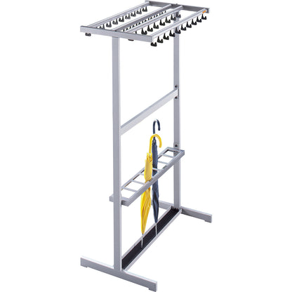 Double sided coat rail, with coat hangers, black, with umbrella holder.