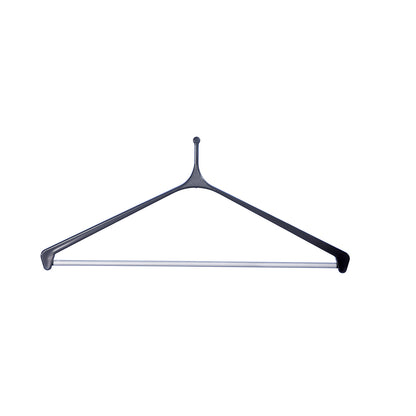 Single sided coat rail, with coat hangers, silver, with umbrella holder.