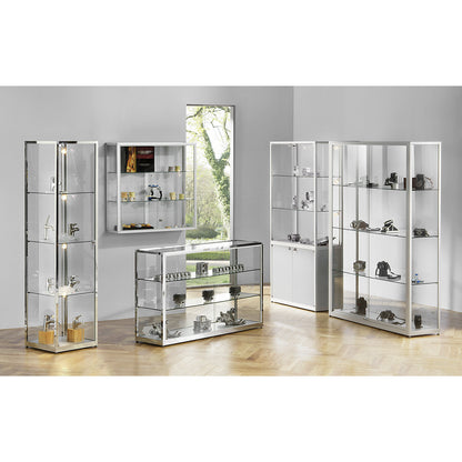 Half height glass cabinet, height 910 mm, 2 sliding doors, WxD 1500 x 400 mm, silver anodised.