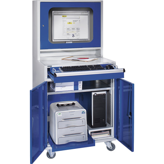 Computer cupboard, HxWxD 1550 x 800 x 690 mm, with narrow pull-out shelf and tower PC compartment.